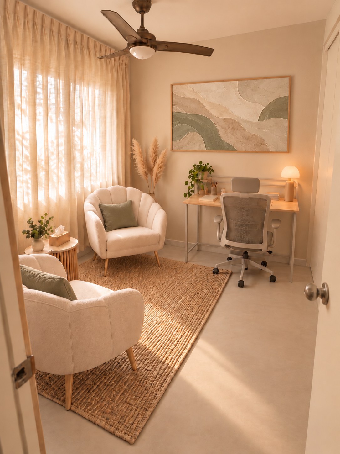 Estudio con dos butacas, luz natural y decoración en tonos cálidos